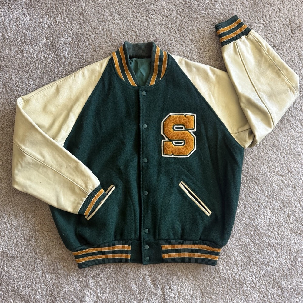 TM Athletics Seattle Varsity Letterman Jacket 46 Green Leather Wool S Vintage